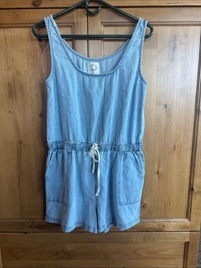 Light Wash Denim Romper with Drawstring Waist and Pockets